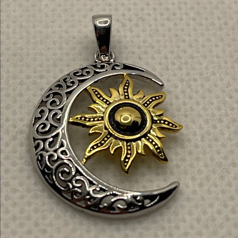 Bohemian Two Tone 925 Sterling Silver Moon Gold Sun Pendant